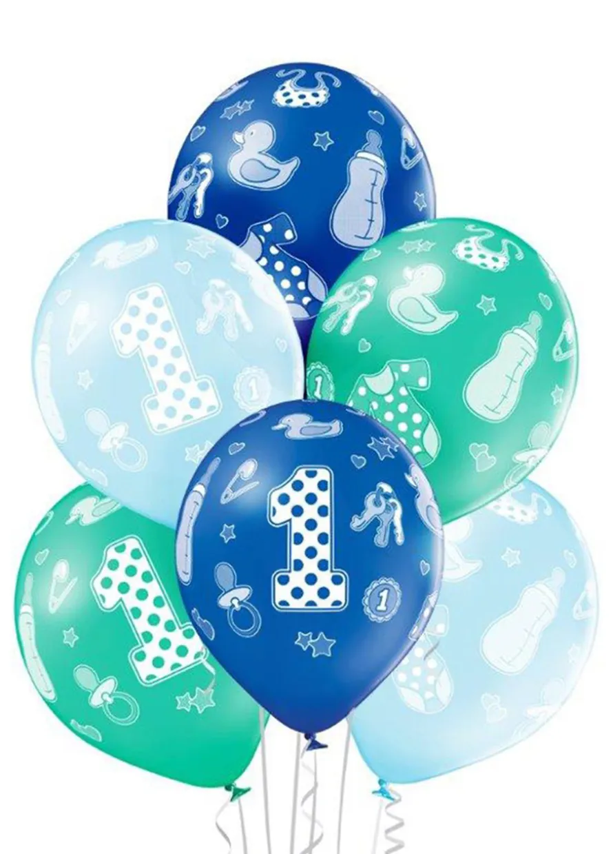 Balony na roczek dla chłopca PIERWSZE URODZINY niebieskie (6szt.)