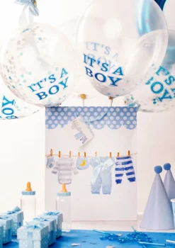 Balony z konfetti na baby shower IT'S A BOY (6szt.)
