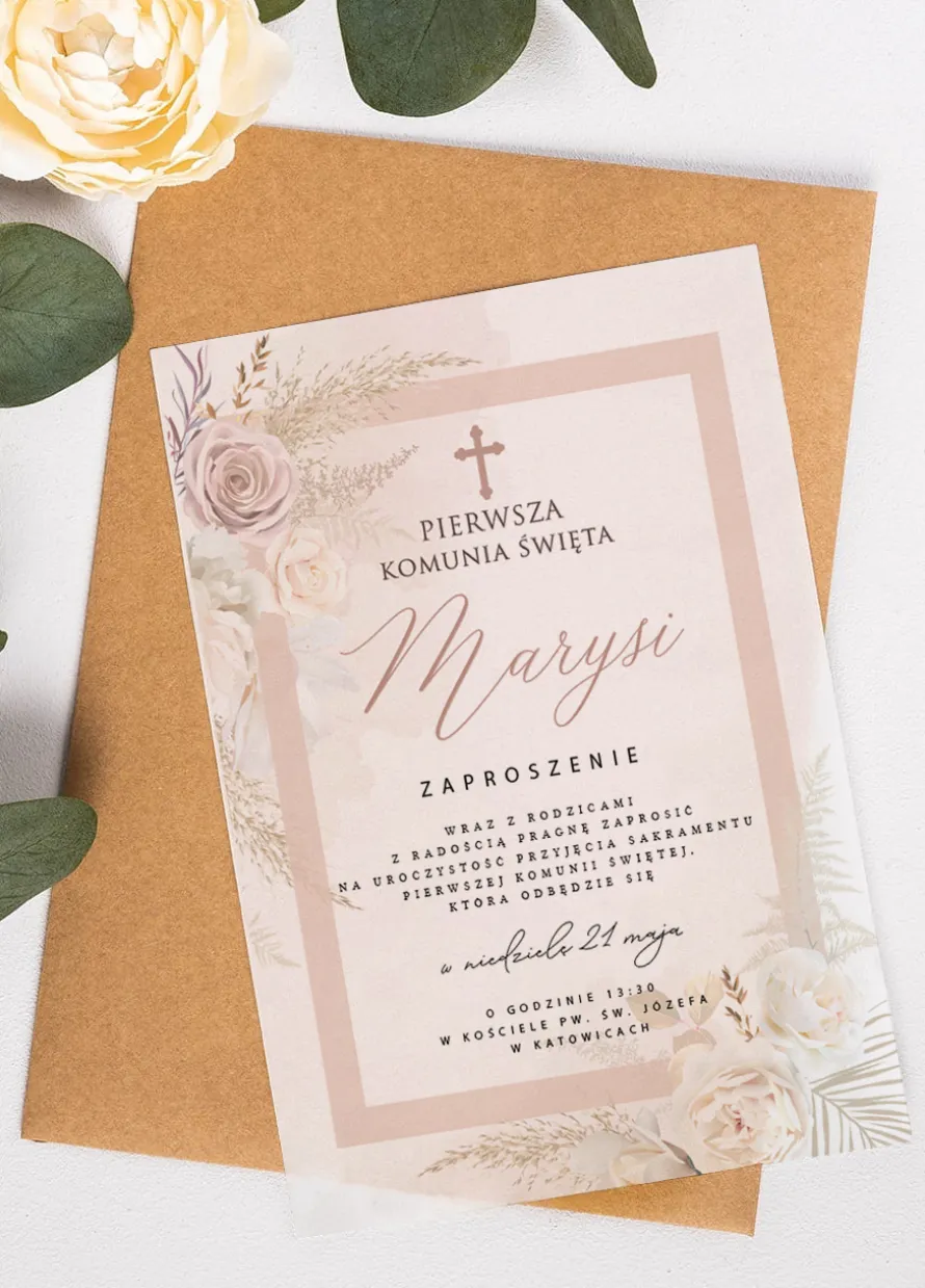 Eleganckie zaproszenia komunijne BOHO
