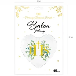 Foliowy balon na komunię IHS z eukaliptusem 45cm