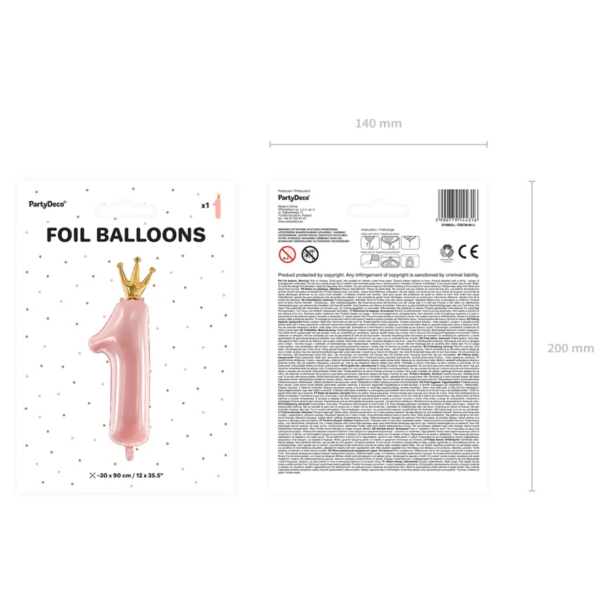 Foliowy balon na ROCZEK DZIEWCZYNKI cyfra 1 z koroną różowa