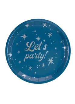 Granatowe talerzyki z holograficznym napisem LET'S PARTY 6 szt.
