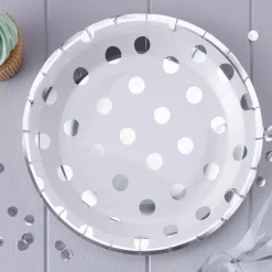 Jednorazowe talerzyki białe w kropki srebrne DOTS 23cm (8szt.)