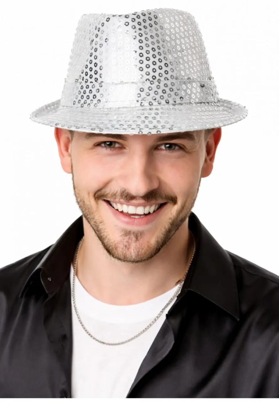 Kapelusz cekinowy srebrny LED
