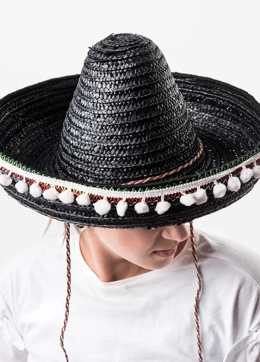 Kapelusz SOMBRERO z pomponikami damskie czarne