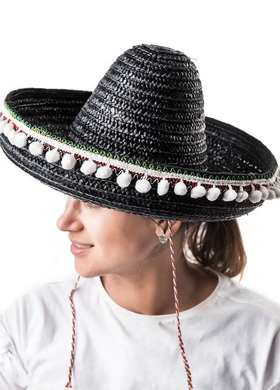 Kapelusz SOMBRERO z pomponikami damskie czarne