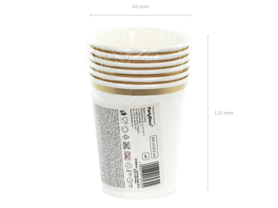 Kubeczki białe z złotym brzegiem 260ml (6szt.)