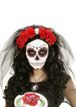 Opaska CZERWONE RÓŻE z welonem Dia de los Muertos