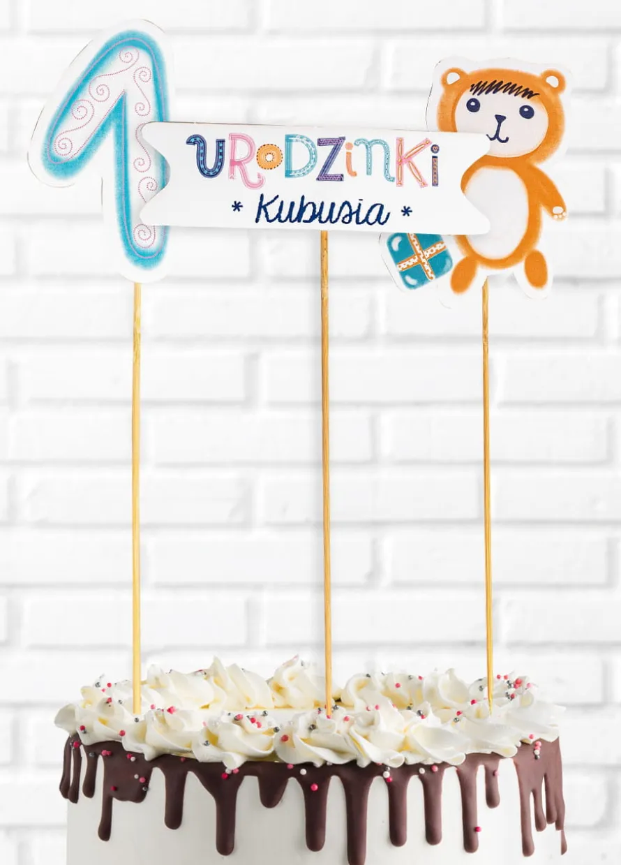 Ozdoby na tort na roczek MIŚ topper na 1 urodziny (3szt.)