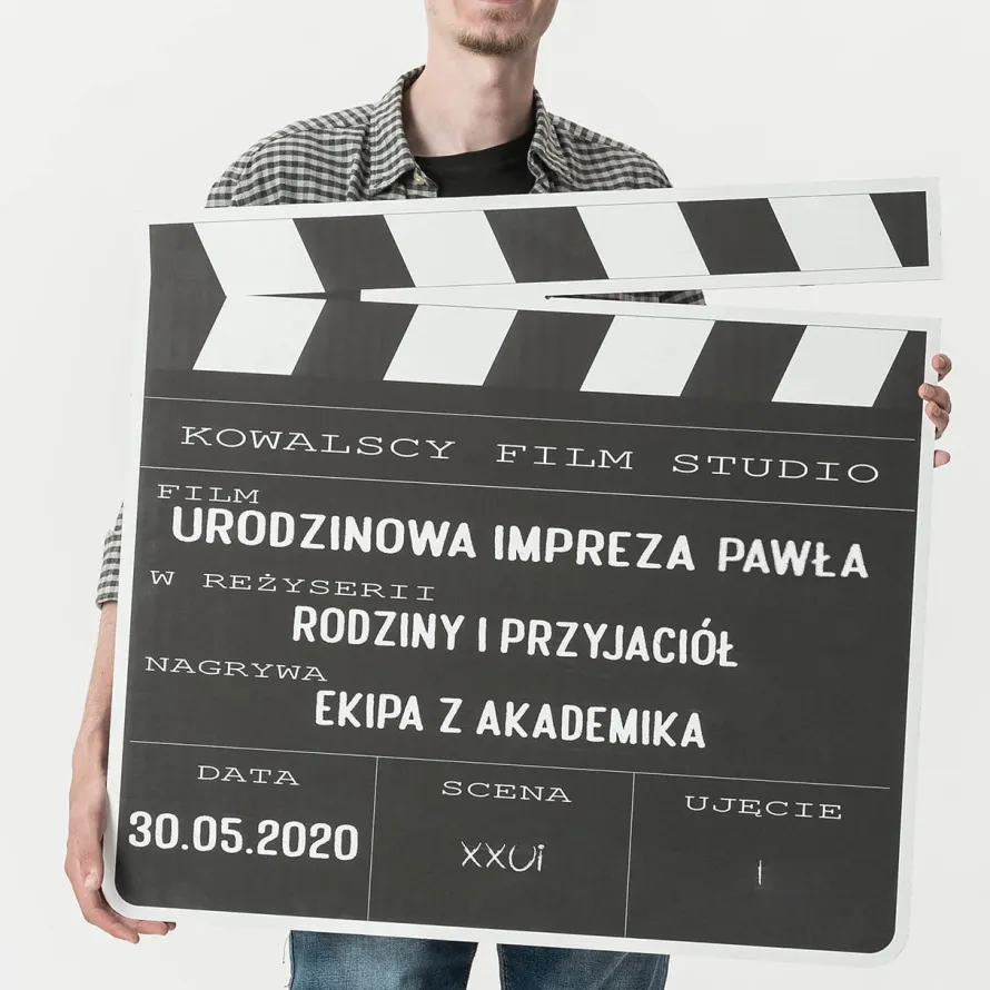 Personalizowana dekoracja urodzinowa KLAPS FILMOWY stand kartonowy