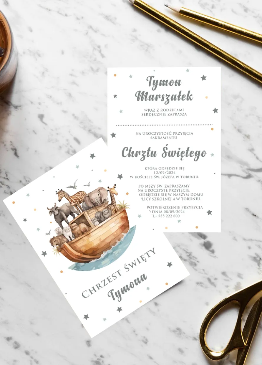 Personalizowane zaproszenia na chrzest ARKA NOEGO
