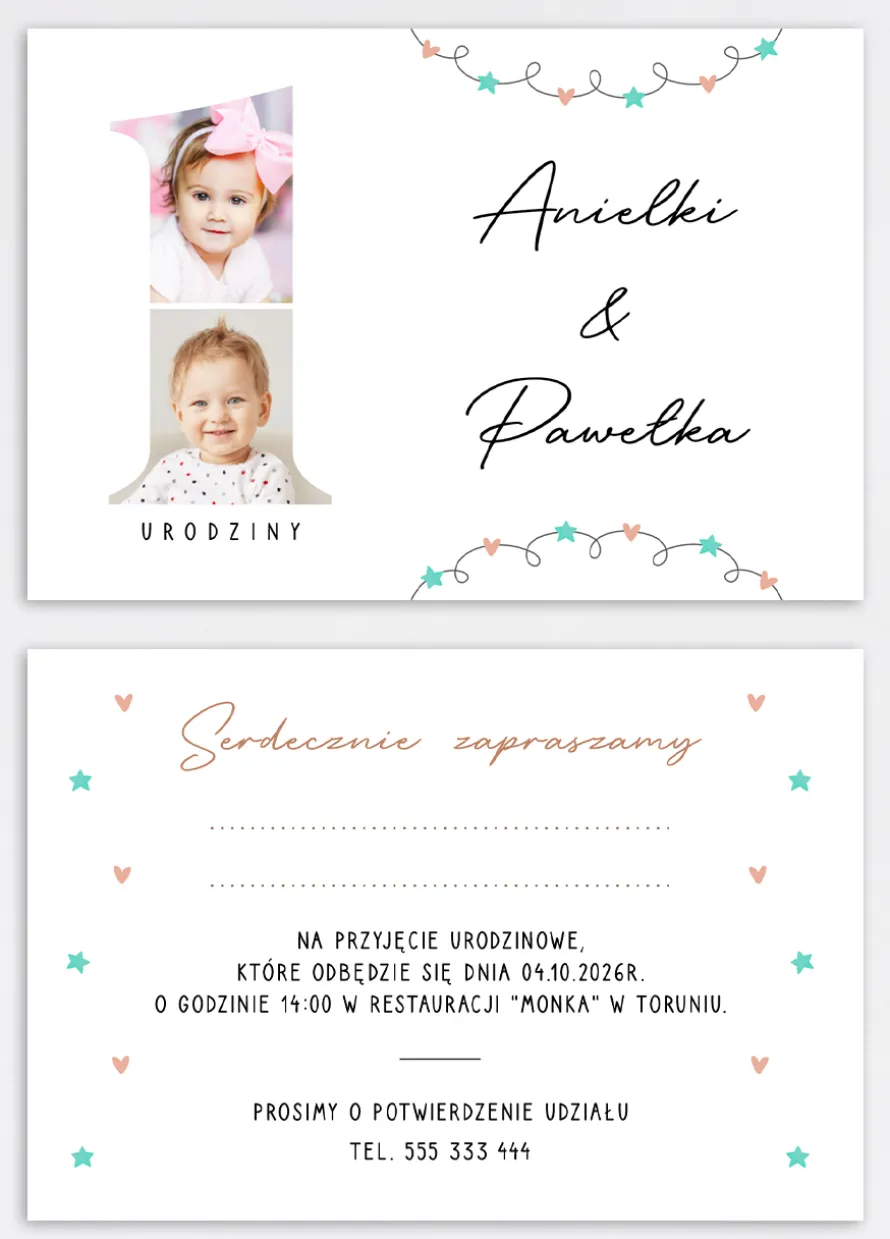 Personalizowane zaproszenie na PIERWSZE URODZINY BLIŹNIAKÓW