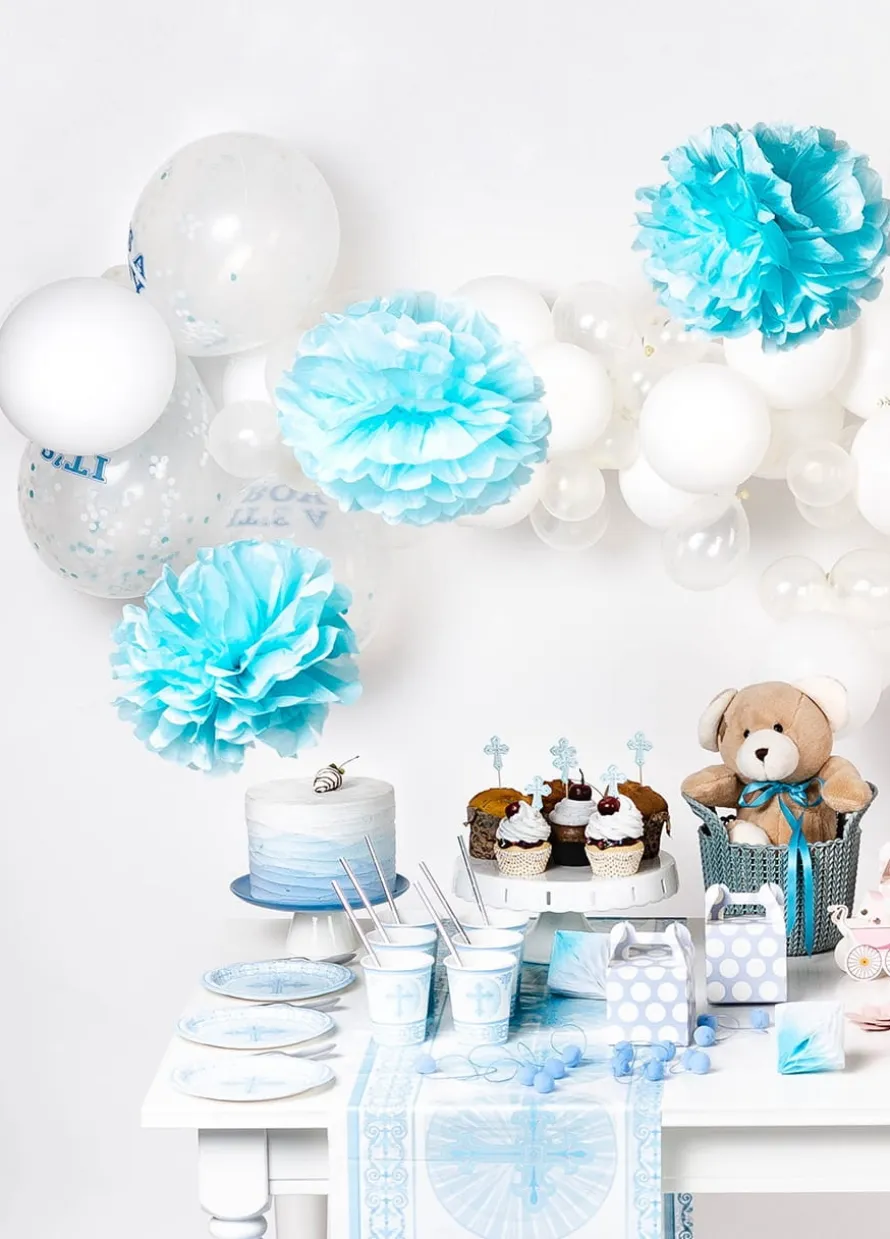 Pompon dekoracyjny z bibuły BŁĘKITNY 25cm