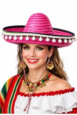 Sombrero z pomponikami damskie różowe