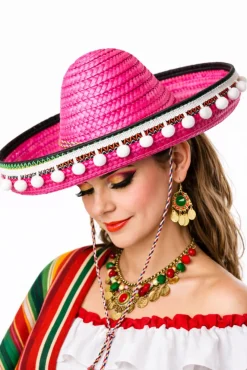 Sombrero z pomponikami damskie różowe