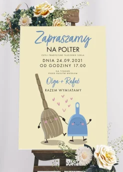 Tablica powitalna dla gości ZAPROSZENIE NA POLTER razem wymiatamy