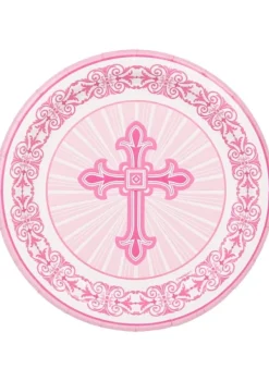 Talerzyki papierowe na chrzest KRZYŻ różowe 23cm (8szt.)