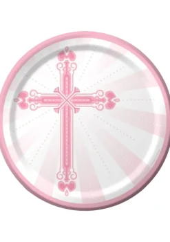 Talerzyki papierowe na komunię chrzest SAKRAMENT różowe 22cm (18szt.)