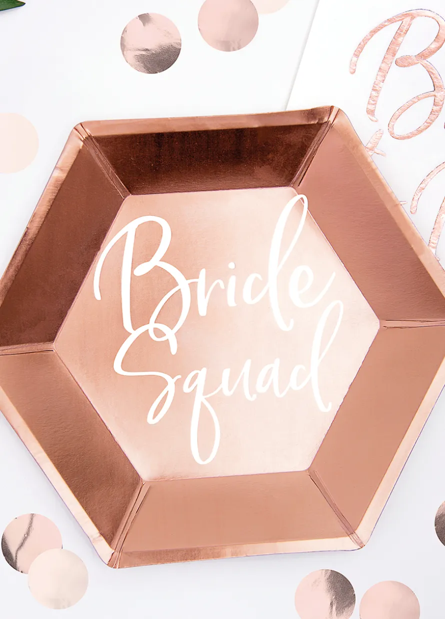 Talerzyki papierowe na wieczór panieński BRIDE SQUAD różowe złoto 23cm (6szt.)