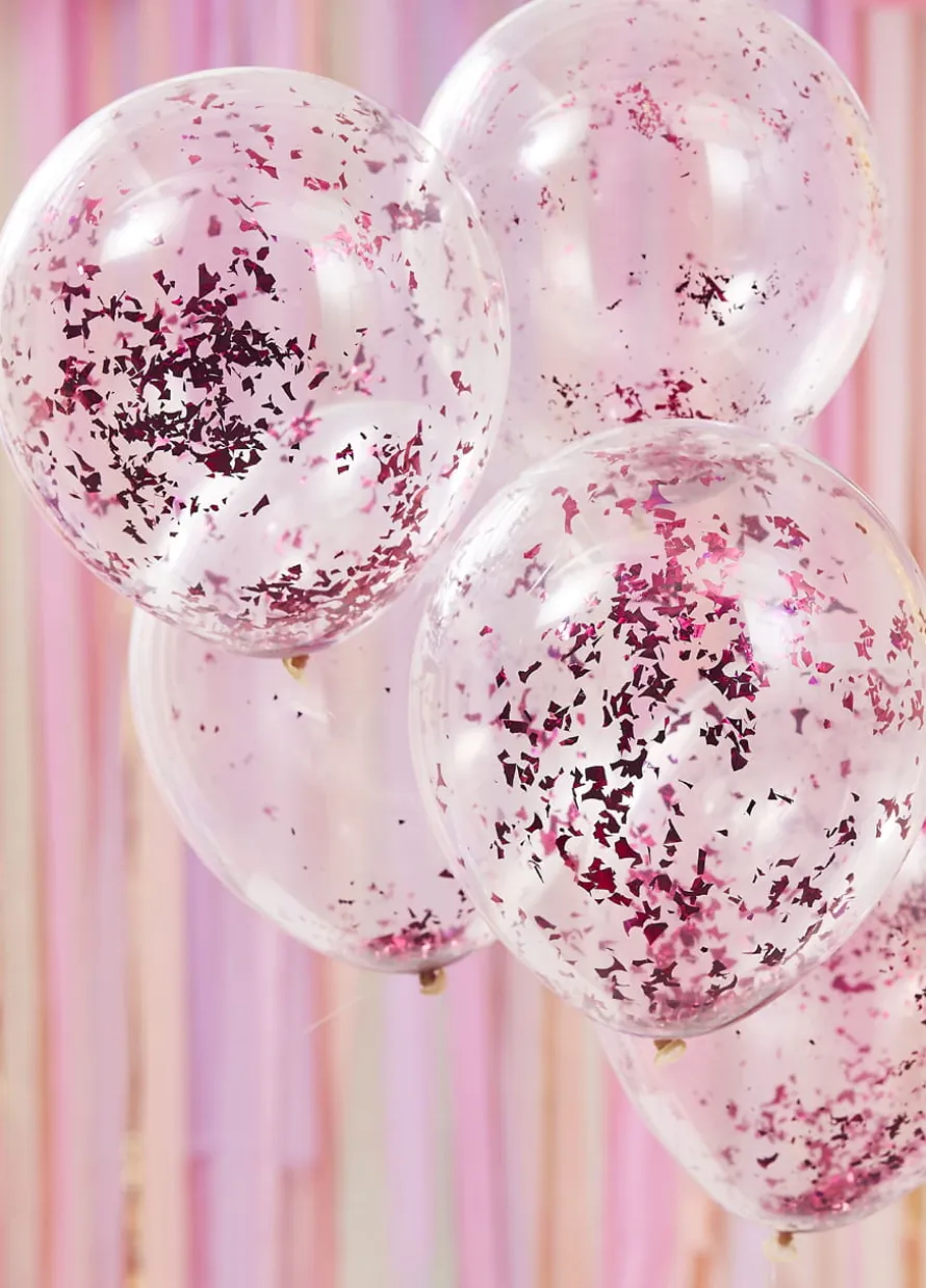 Urodzinowe balony z KONFETTI różowym (5szt.)
