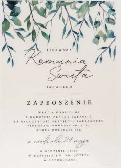 Zaproszenia komunijne personalizowane GAŁĄZKI kalka 14x19,5 cm