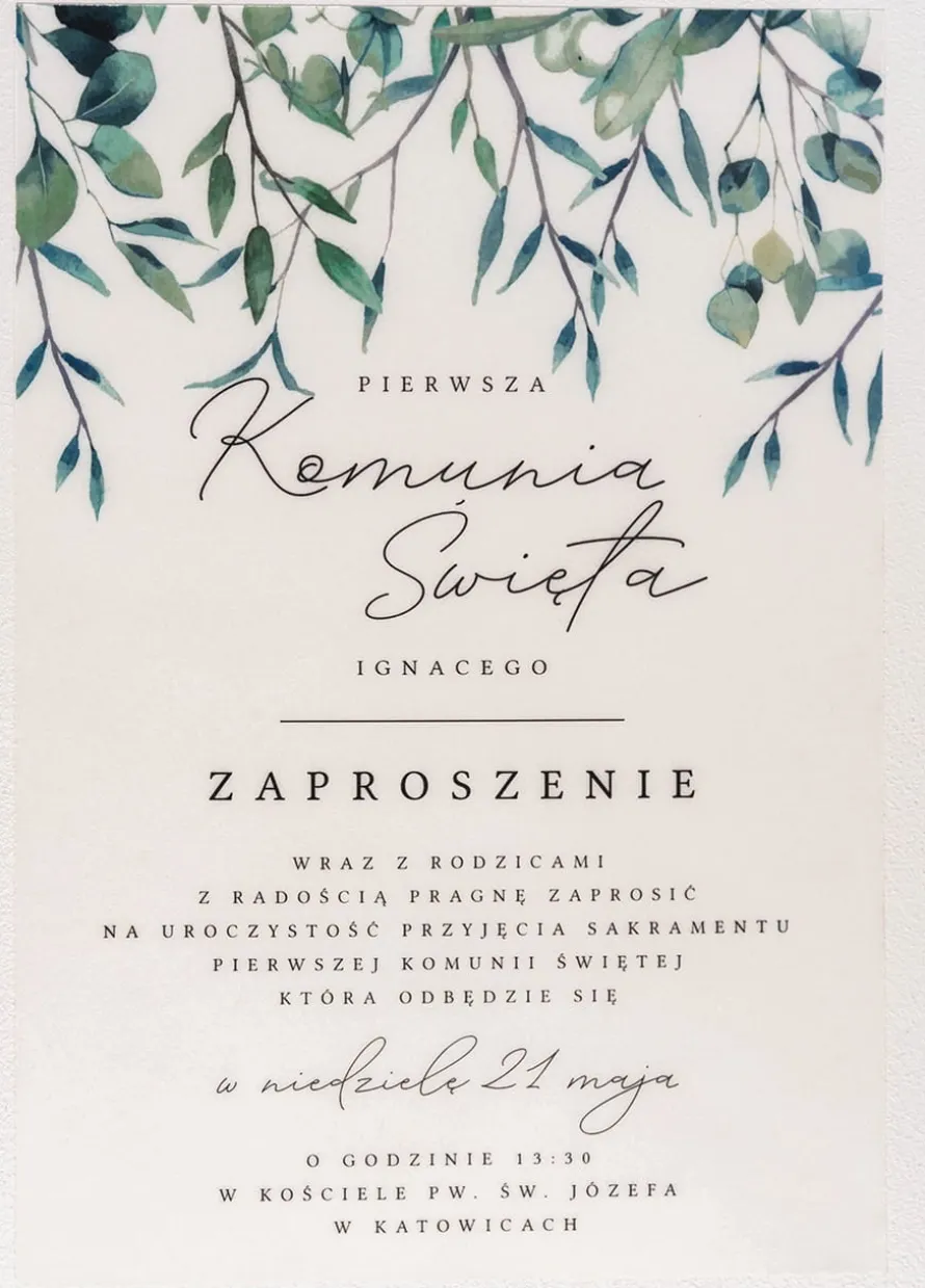 Zaproszenia komunijne personalizowane GAŁĄZKI kalka 14x19,5 cm