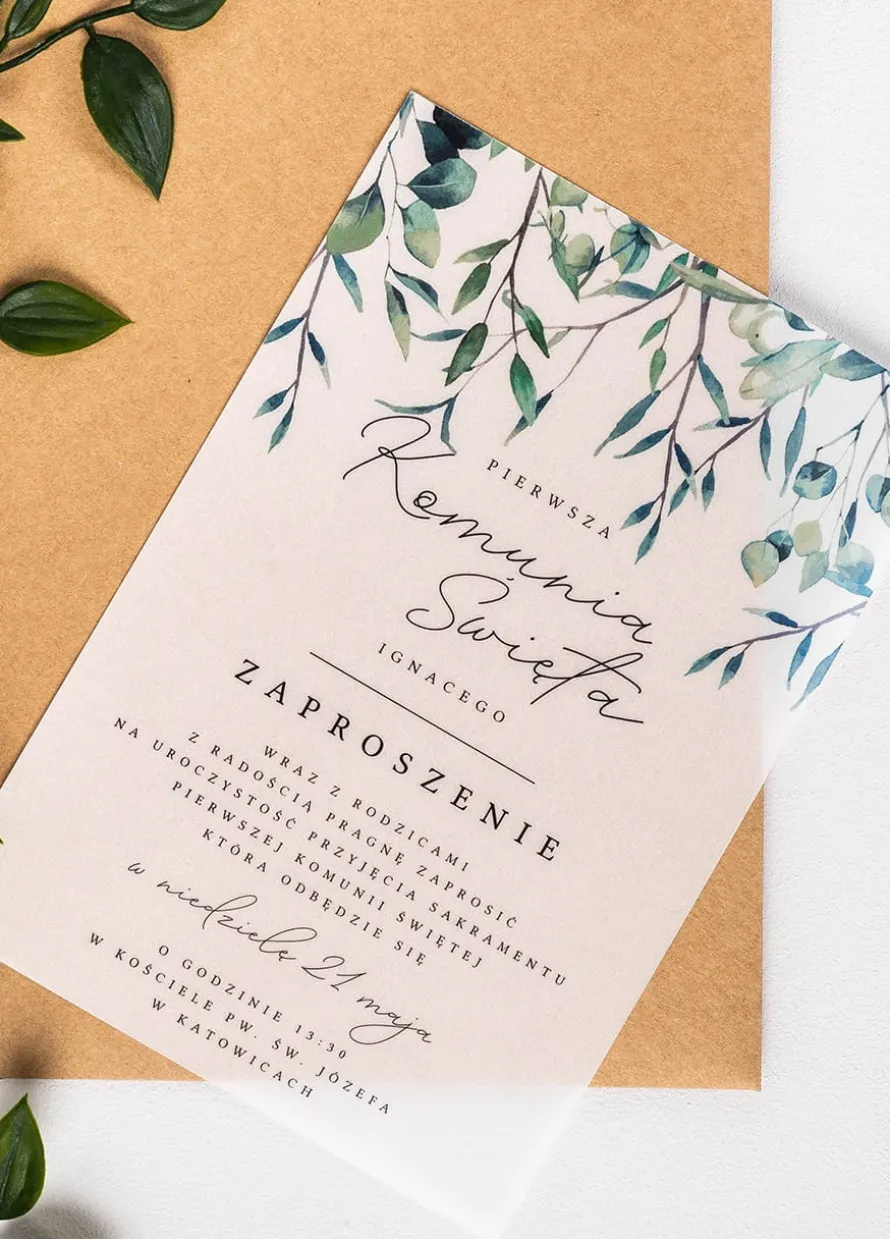 Zaproszenia komunijne personalizowane GAŁĄZKI kalka 14x19,5 cm