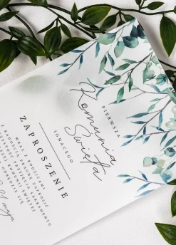 Zaproszenia komunijne personalizowane GAŁĄZKI kalka 14x19,5 cm