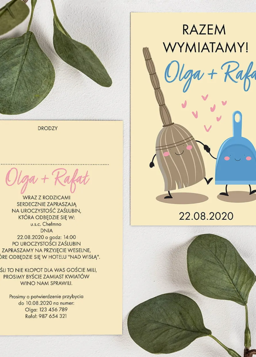 Zaproszenia ślubne śmieszne RAZEM WYMIATAMY personalizowane