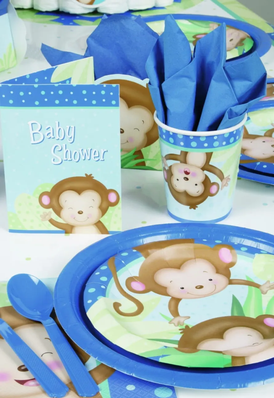 Zaproszenia na Baby Shower niebieskie MAŁPKI (8szt.)