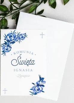 Zaproszenia na komunię personalizowane NIEBIESKIE KWIATY