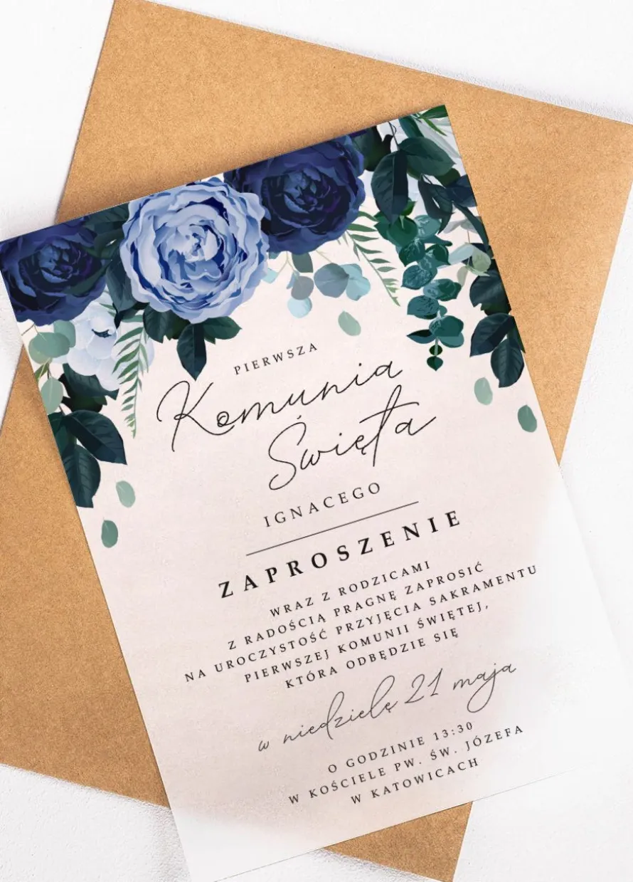 Zaproszenia na komunię personalizowane PIWONIE 14x19,5 cm