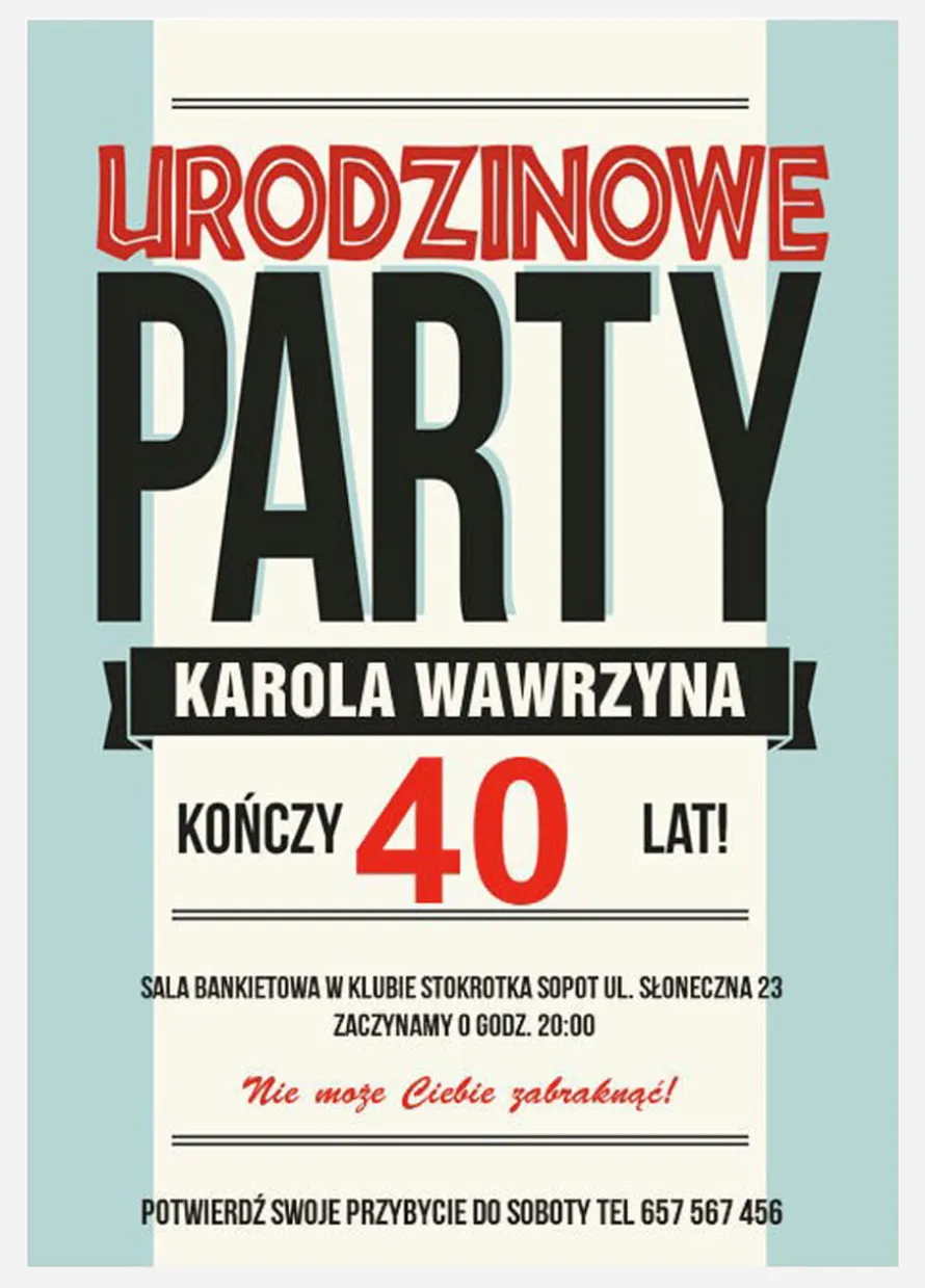 Zaproszenia na 40 urodziny URODZINOWE PARTY personalizowane
