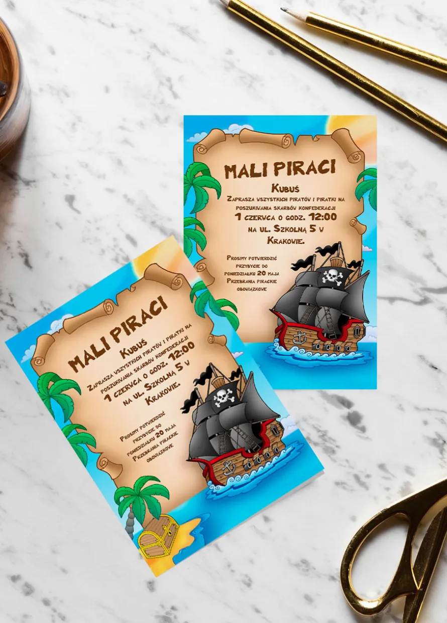 Zaproszenia personalizowane pirackie POSZUKIWANIE SKARBÓW