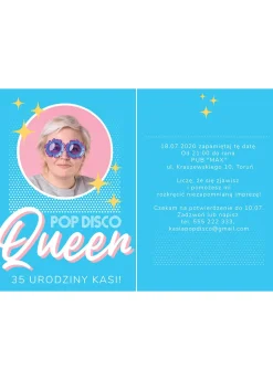 Zaproszenia urodzinowe personalizowane POP DISCO QUEEN zaproszenia ze zdjęciem