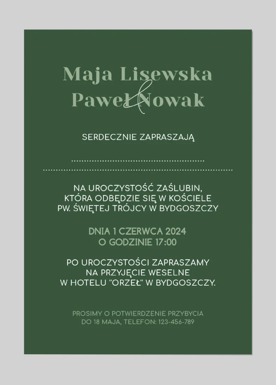Zaproszenie ślubne ze zdjęciem BUTELKOWA ZIELEŃ