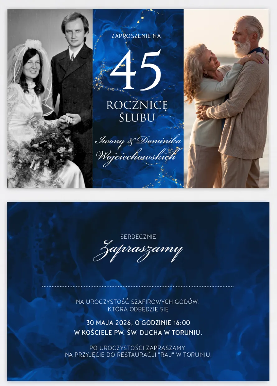 Zaproszenie ze zdjęciem SZAFIROWA ROCZNICA ŚLUBU