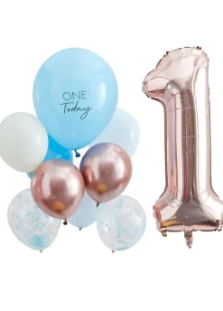 Zestaw balonów na roczek BLUE AND ROSE GOLD (10szt.)
